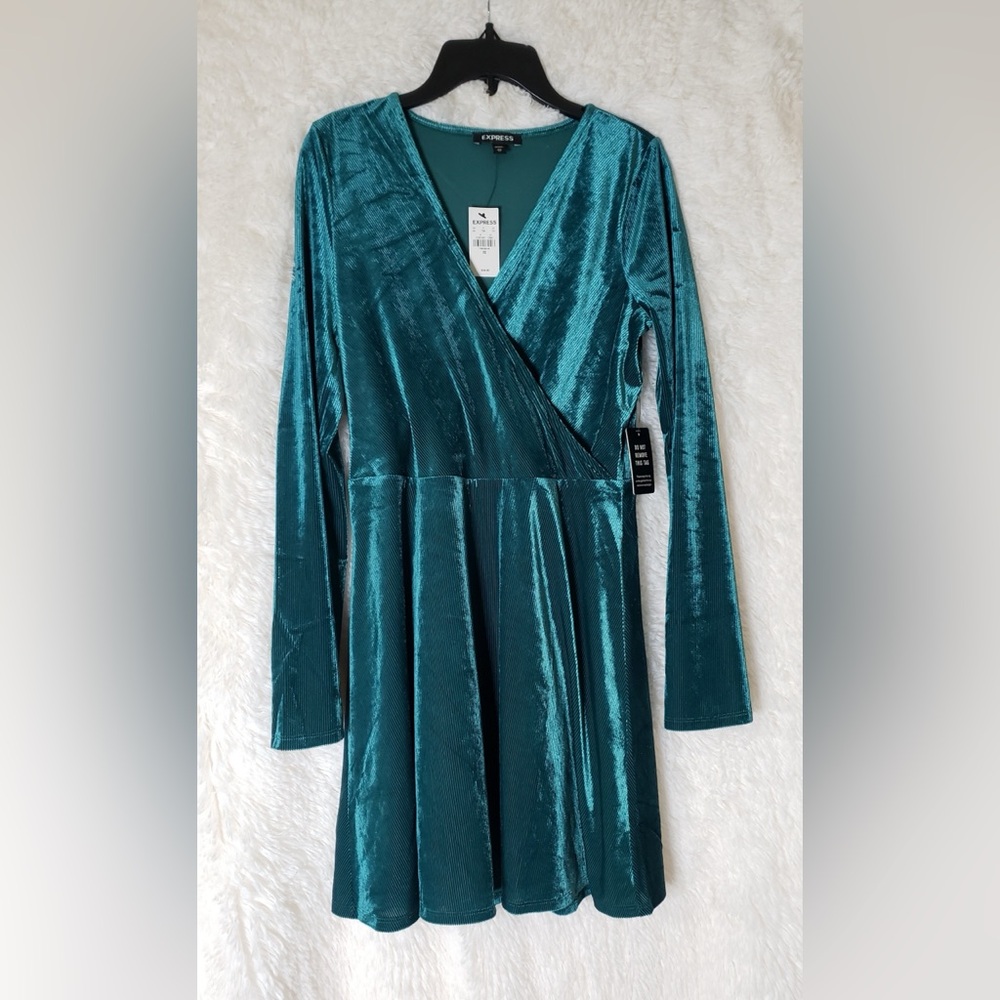 NWT Express Teal Velvet Long Sleeve Wrap  Dress Size Xsmall